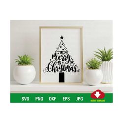 Merry Christmas Tree SVG, christmas tree topper, christmas ornament svg, dxf, eps, png for Wall art, T-shirt, Wall decor for cricut