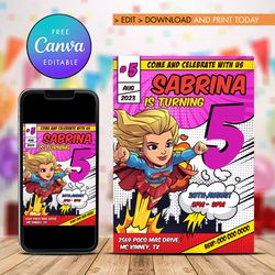 Supergirl Birthday Invitation, Any Age Birthday Super Girl Invitation Comic style Canva Editable Instant Download