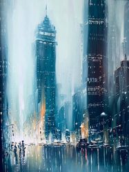 Cyberpunk Painting ORIGINAL OIL PAINTING on Canvas, City Skyline Painting Original, Cyberpunk Art by "Walperion"