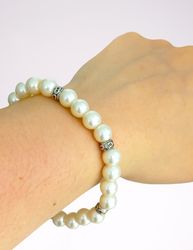 WHITE PEARLS BRACELET Mallorca pearl with clip closure and spacers silver plated beaded Original in pouch Gift for her W