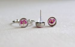 Pressed flowers set jewelry ring and earrings Stainless steel adjustable ring