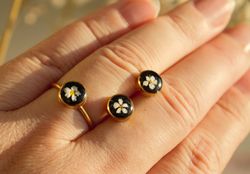 Adjustable floral ring and stud earrings Pressed flowers set jewelry Natural jewelry