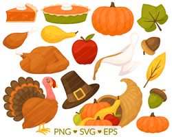 Thanksgiving Clipart - SVG, PNG, EPS Images - Turkey Clipart, Pilgrim Hat Graphic, Pumpkin Pie, Leaves Acorn Gourd