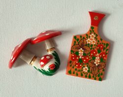 Set of 2 refrigerator wooden magnets hand-painted Russian Folk Art Russian souvenir eco-friendly kitchen home decor