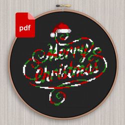 Christmas cross stitch, Merry Christmas Lettering cross stitch pattern Holly Christmas cross stitch chart