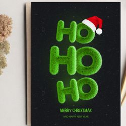 Black and Green Modern 3d Fluffy  Merry Christmas Greeting Card. Happy New Year Card. DiGITAL DOWNLOAD.