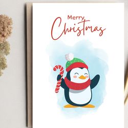Merry Christmas Greeting Card. Happy New Year Card with Penguin. DiGITAL DOWNLOAD.