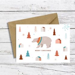 Warm Pastels Illustrated Merry Christmas Card. Happy New Year Card with Bear. DiGITAL DOWNLOAD.