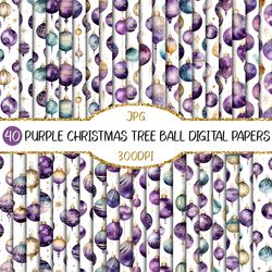 Christmas Tree Purple Balls Digital Paper | Scrapbook Background Luxurious Turquoise Gold Elegant Cute Holiday Patterns