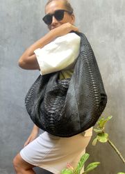 Big Soft Hobo Classy Sport Woman gray Bag | Purse Genuine Python Skin |  Big Elegant Leather Designer Soft Bag