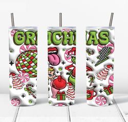 3D Inflated Pink Christmas 20 Oz Skinny Tumbler Png, Grinch Png, Christmas 20oz Tumbler Wrap, Christmas Movies Png