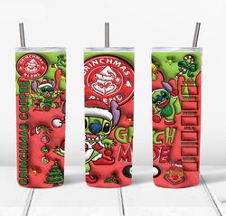 3D Inflated Stitch Christmas 20 Oz Skinny Tumbler Png, Grinchmas Png, Christmas 20oz Tumbler Wrap, Christmas Movies Png