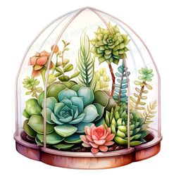 Elegant Curved Frame Succulent and Cactus PNG | Watercolor Cactus Clip art Cacti Botanical Terrarium Glass Case Painting