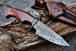 hand forged damascus knife, damascus fixed blade bobcat knife, damascus camping knife, custom hunting knife gift for him