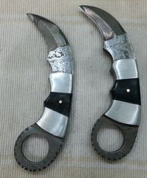 Customized Handmade Damascus Mini Karambit knife pair with leather sheath