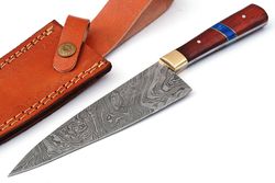 Custom Handmade Damascus Steel Chef Knife Pakka Wood Handle with Leather Sheath.