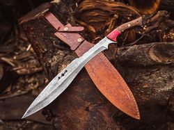 Custom Handmade Damascus Steel Hunting Bowie Knife, Wood Handle