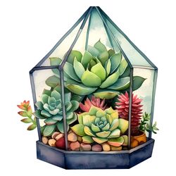 Succulent and Cactus Garden in Steel and Glass PNG | Watercolor Cactus Clip art Cacti Botanical Terrarium Case Painting