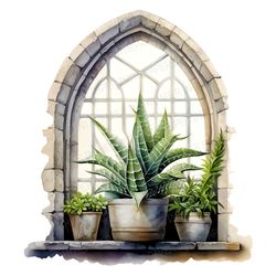 Cactus and Succulent Trio on Arched Brick Window PNG | Watercolor Clip art Cacti Botanical Terrarium Painting Nature