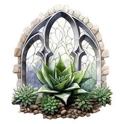 Stained Glass Window with Succulent Garden PNG | Watercolor Clip art Cacti Botanical Terrarium Painting Nature Indoor