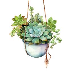 Whimsical Hanging Succulent Ensemble PNG | Green Cactus Vine Clip art Cacti Watercolor Botanical Terrarium Nature Indoor