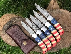 Set Of 5 Handmade Damascus Steel Folding Knives, Pocket Knives With Leather Sheath, Gift For Him