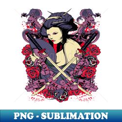 geisha with crossed swords flourish - retro png sublimation digital download - unleash your creativity
