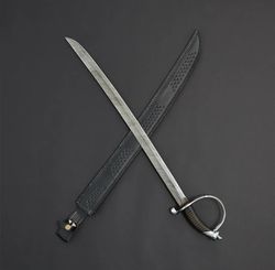 Custom Handmade Damascus Steel Pirate Cavalry Saber Cutlass Sword 32 Inches Battle Ready With Leather Sheath