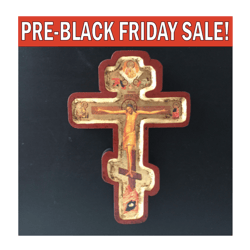 The cross/icon with a Crucifix 24 x 17 x2 cm | Wooden base, hand gilding, with ark, eight-pointed cross shape |