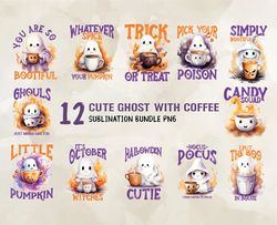 12 Cute Ghost With Coffee Bundle Png, Halloween Svg, Cute Halloween, Halloween, Halloween Png 117