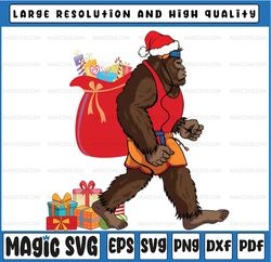 Bigfoot San-ta Carrying Christmas Bag Xmas Hat PNG, Bigfoot San-ta Carrying Christmas Bag Snowflakes Version Digital Pla