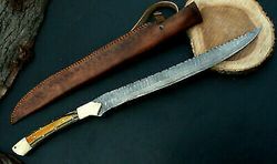 beautiful custom handmade 25 inches damascus steel hunting sword with sheath