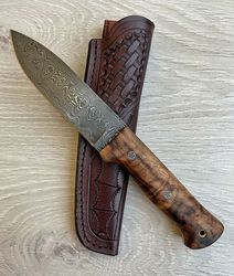 Custom Handmade Damascus Steel Blade Bushcraft Knife With Chestnut Handle