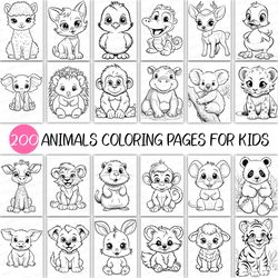 200 Animals Coloring Page for Kids | Cute Land Printable Activity Book Cat Cow Pig Fox Duck Bear Duck Goat Koala Lion