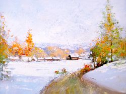 Landscape Painting ORIGINAL OIL PAINTING on Canvas, Snow Barn Painting Original Oil Art by "Walperion Paintings"
