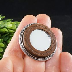 Round Glass Mirror Brooch Pin Evil Eye Brooch Silver Brown Wooden Brooch Protection Amulet Brooch Pin Jewelry Gift 8078