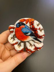 Bullfinch bird brooch, 3D needle felted wool brooch