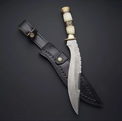 Custom Handmade Damascus Steel Blade Hunting kukuri Knife with Camel Bone Handle