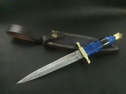 Handmade Damascus Steel Hunting knife, Blue & Black Bone Handle & leather sheath