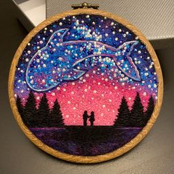 Galaxy landscape Valentines day gift ideas Felted and embroidered hoop art