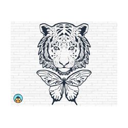 Tiger SVG | Tiger with butterfly SVG | Tiger cut file | Animal Face | Butterfly svg | Tiger Head svg | Tiger Face svg png, hand drawing