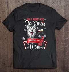 All I Want For Christmas Siberian Husky And Wine V-Neck T-Shirt