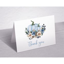 Blue Pumpkin Thank You Card, Fall Autumn Printable Thank You Note, Floral Favor Card, Navy & Ivory Baby Shower, Birthday