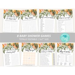 Citrus Baby Shower Game Set, EDITABLE Template, Printable Orange Floral Games Bundle, Summer Party Activities Pack, Neut