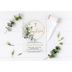 Greenery Baptism Invitation, EDITABLE Template, Floral Printable Religious Invite, Green and Gold Boy Dedication, Neutra