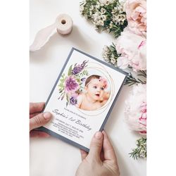 lavender baby's first birthday party invitation, editable template, printable photo 1st birthday, gold wreath floral, pu