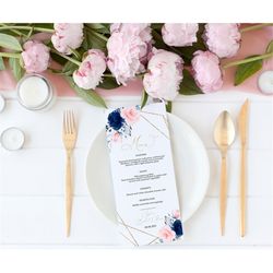 Blush Pink & Navy Floral Menu, EDITABLE Template, Printable Blue Rose Wedding, Flowers Bridal Brunch, Gold Baby Shower,