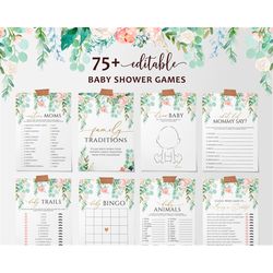 Greenery 75 Baby Shower Games, EDITABLE Template, Baby Shower Game Bundle, Green & Pink Floral Printable Girl Baby Showe