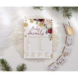 baby animals game, printable christmas name the baby animals baby shower game, marsala rose & gold snowflakes shower gam