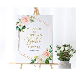 Floral Shower Welcome Sign, EDITABLE Template, Boho Rose Flowers Bridal Brunch, Golden Frame Sign, Greenery Printable La